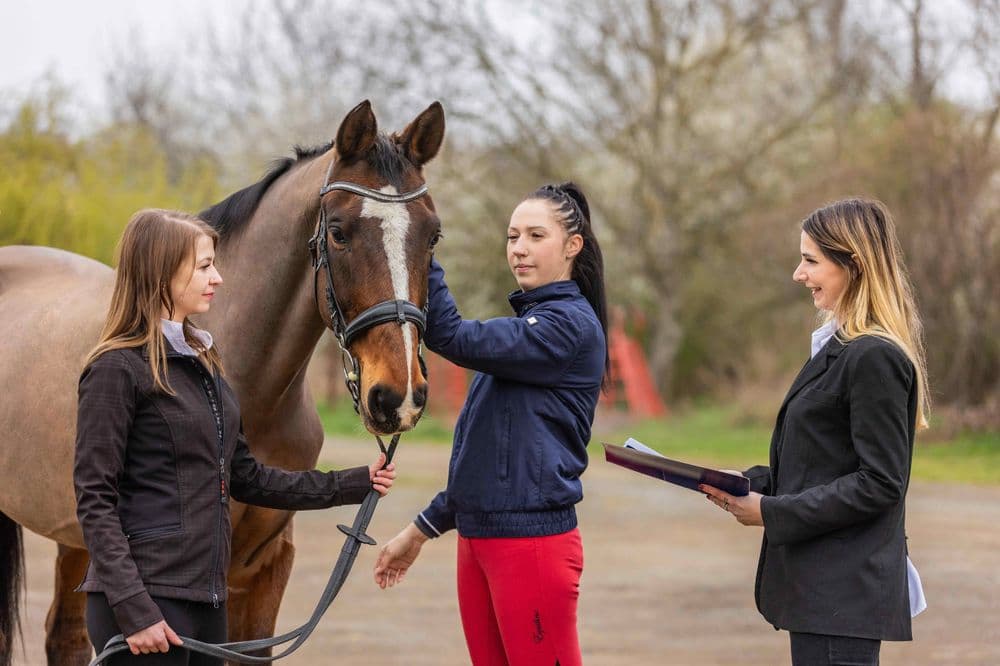Three women with a horse at an outdoor equestrian facility